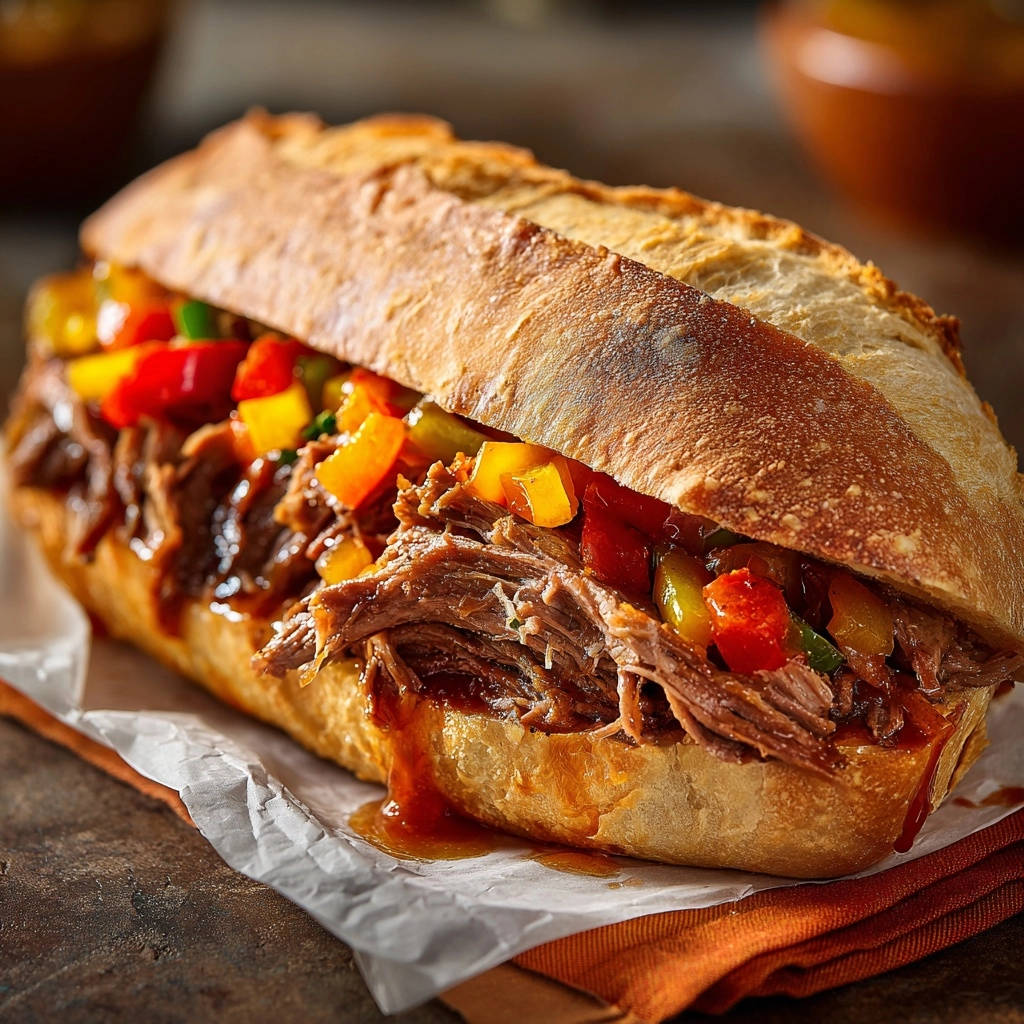 Pulled beef and pepper sandwich featuring a close-up view of the shredded beef and colorful pepper filling.