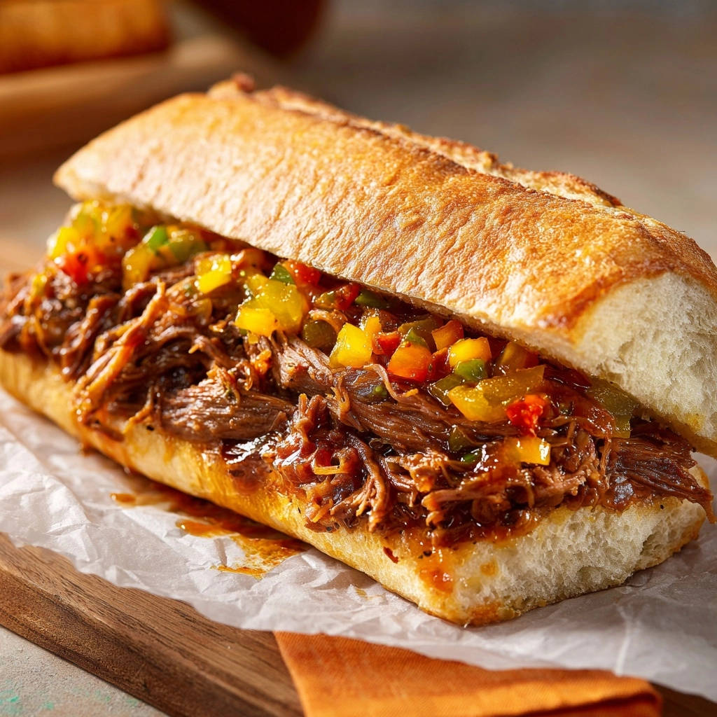 Pulled beef & pepper sandwich cross-section showing tender shredded beef and colorful peppers inside a toasted baguette.