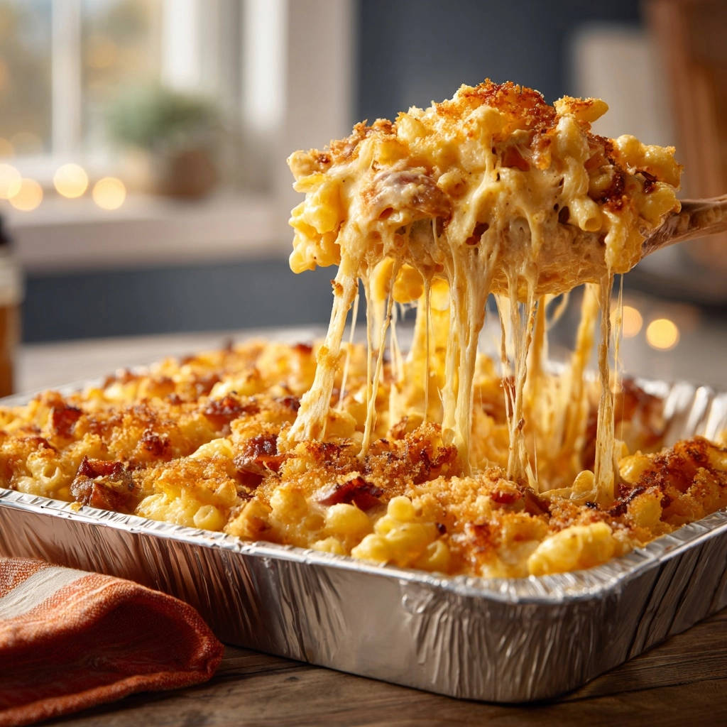 Ultimate Pulled Chicken Mac & Cheese showing a generous cheese pull from a spoonful being lifted out of the baking dish.