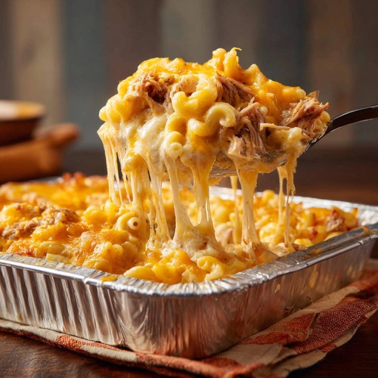 Ultimate Pulled Chicken Mac & Cheese with a gooey cheese pull from a serving spoon.