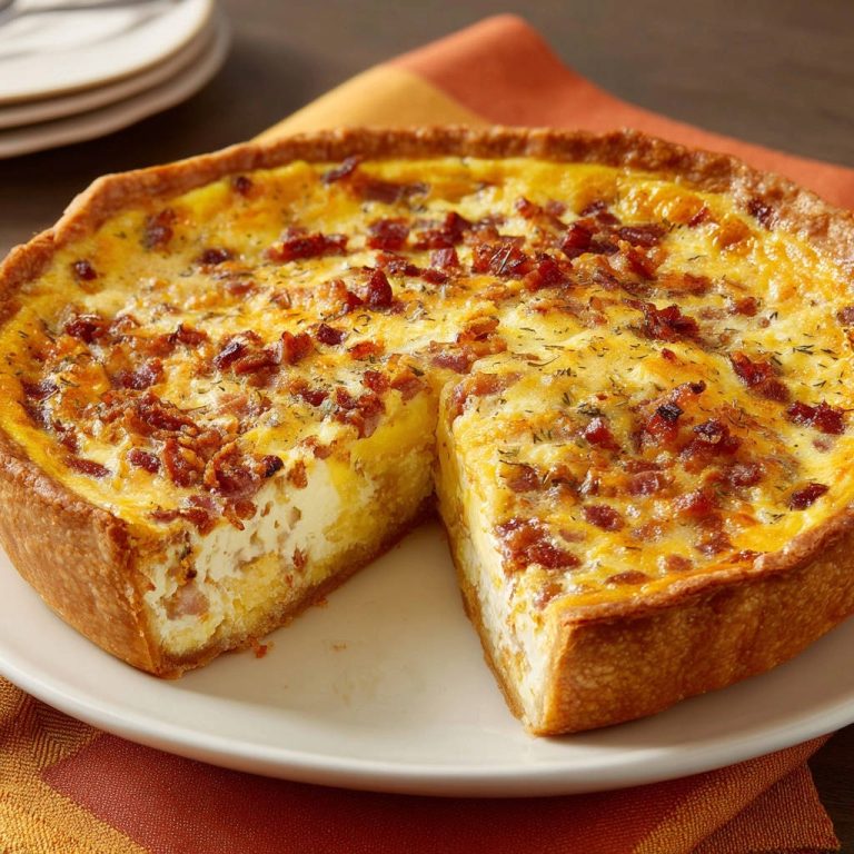 Classic Quiche Lorraine cross-section with a visible interior and a generous topping of bacon.