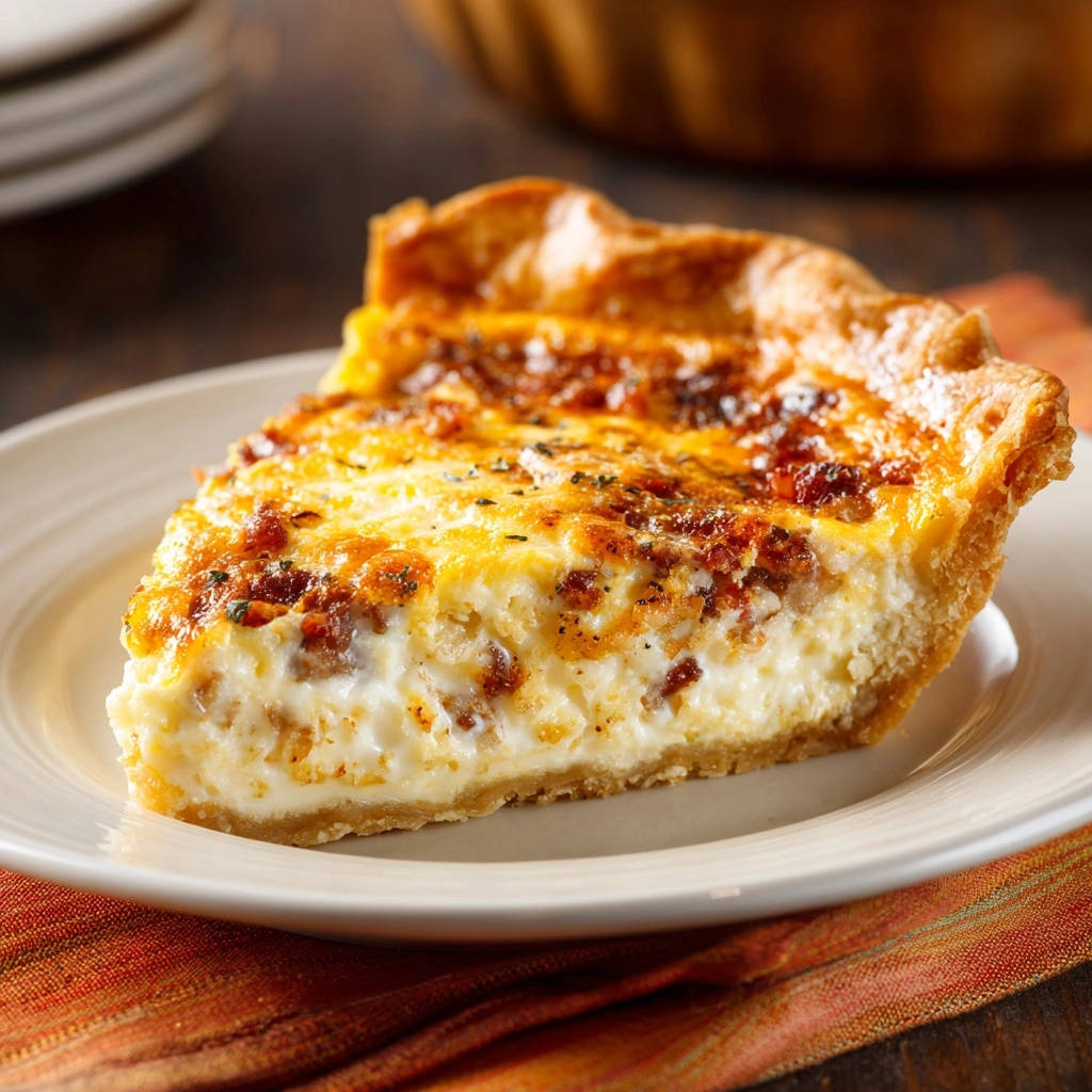 Classic Quiche Lorraine slice showing a detailed cross-section of the creamy egg filling and golden crust.