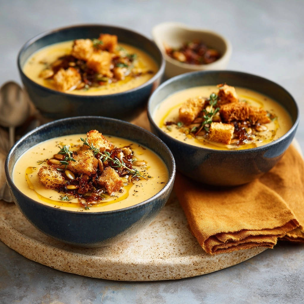 Roasted butternut squash soup served in three bowls, each garnished with croutons, seeds, and herbs.