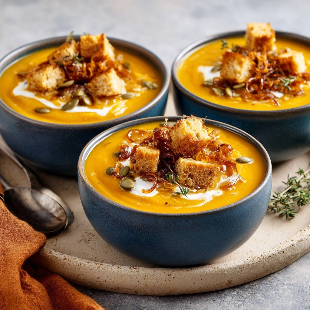 Roasted butternut squash soup served in three blue bowls, topped with croutons, crispy onions, and pumpkin seeds.