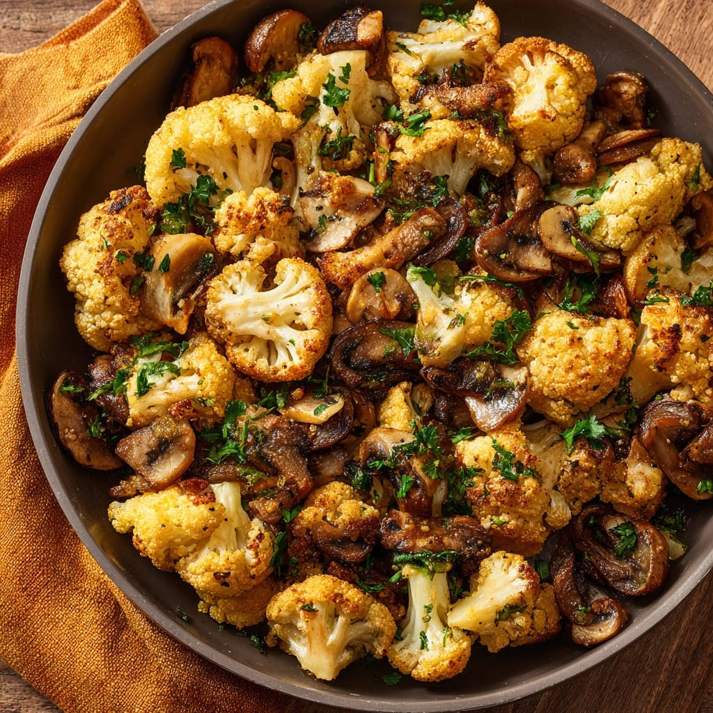 Roasted cauliflower and mushrooms in a bowl, a close-up view with fresh parsley garnish.
