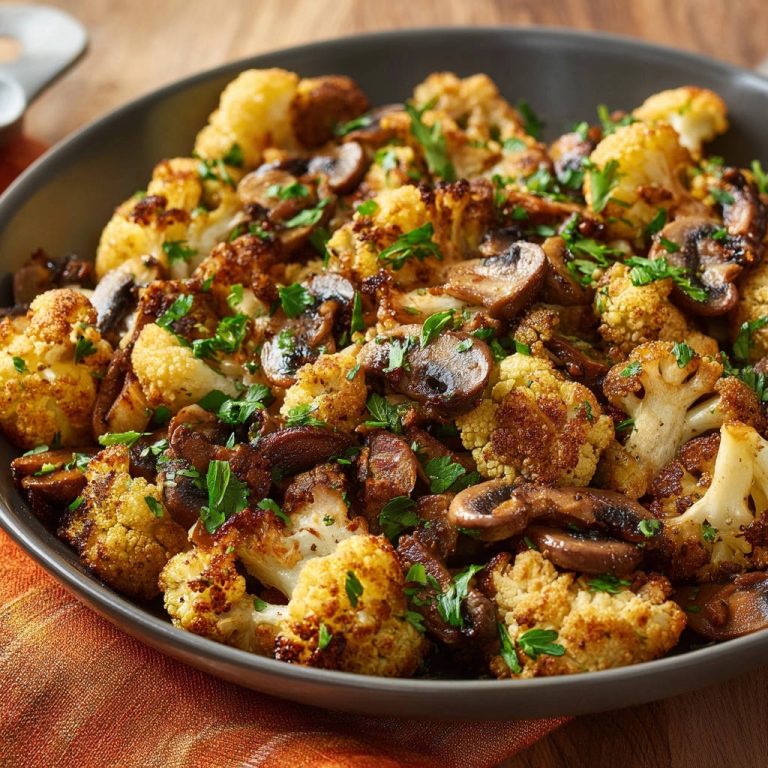 Roasted cauliflower and mushrooms in a bowl, a close-up view showcasing the texture and fresh parsley garnish.