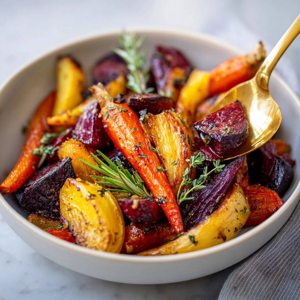 Roasted root vegetables with a golden spoon lifting a beet and carrot piece, garnished with herbs.