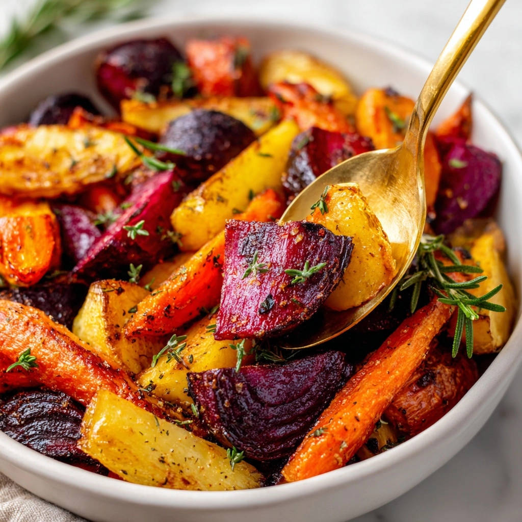 Roasted root vegetables shown in a bowl with a golden spoon scooping up a close-up of beets and carrots.