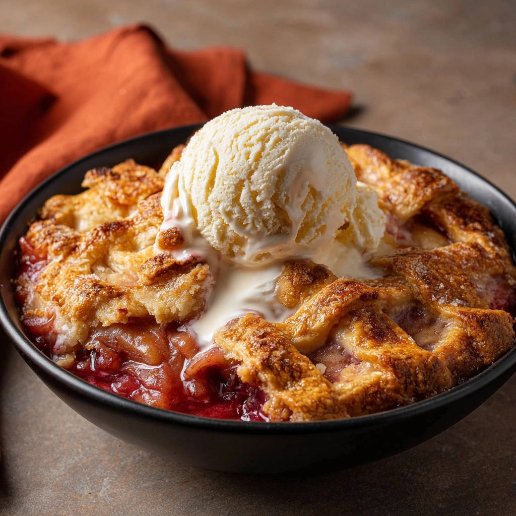 Rustic fruit lattice pie with a generous scoop of melting vanilla ice cream in a black bowl.