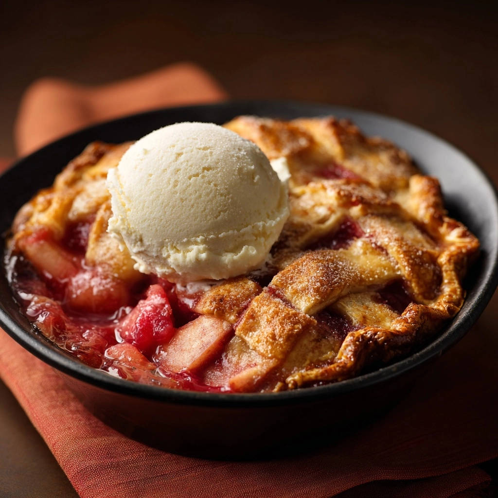 Rustic fruit lattice pie with a generous scoop of vanilla ice cream on top in a black bowl.