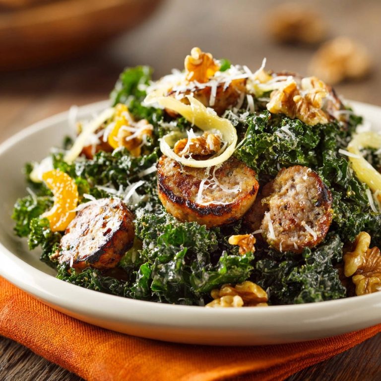 Hearty Sausage and Kale Salad featuring sliced sausage, walnuts, and shaved cheese topping.