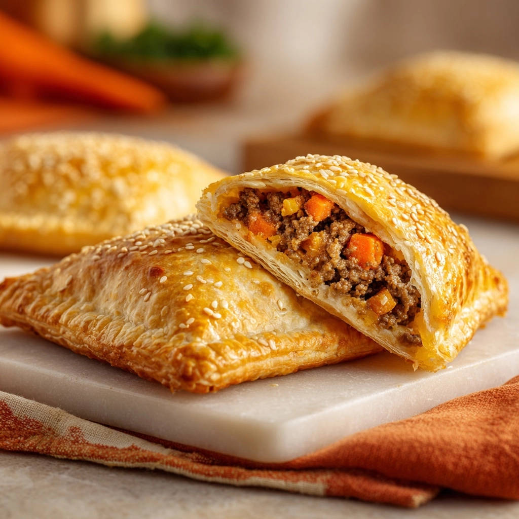 Savory beef hand pies shown in a close-up cross-section, revealing the ground beef and carrot filling.