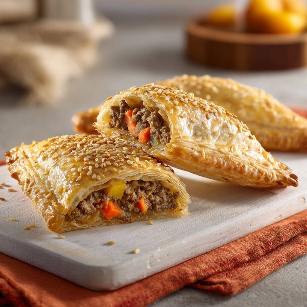 Savory beef hand pies cut open to show the flaky pastry and hearty meat and vegetable filling.
