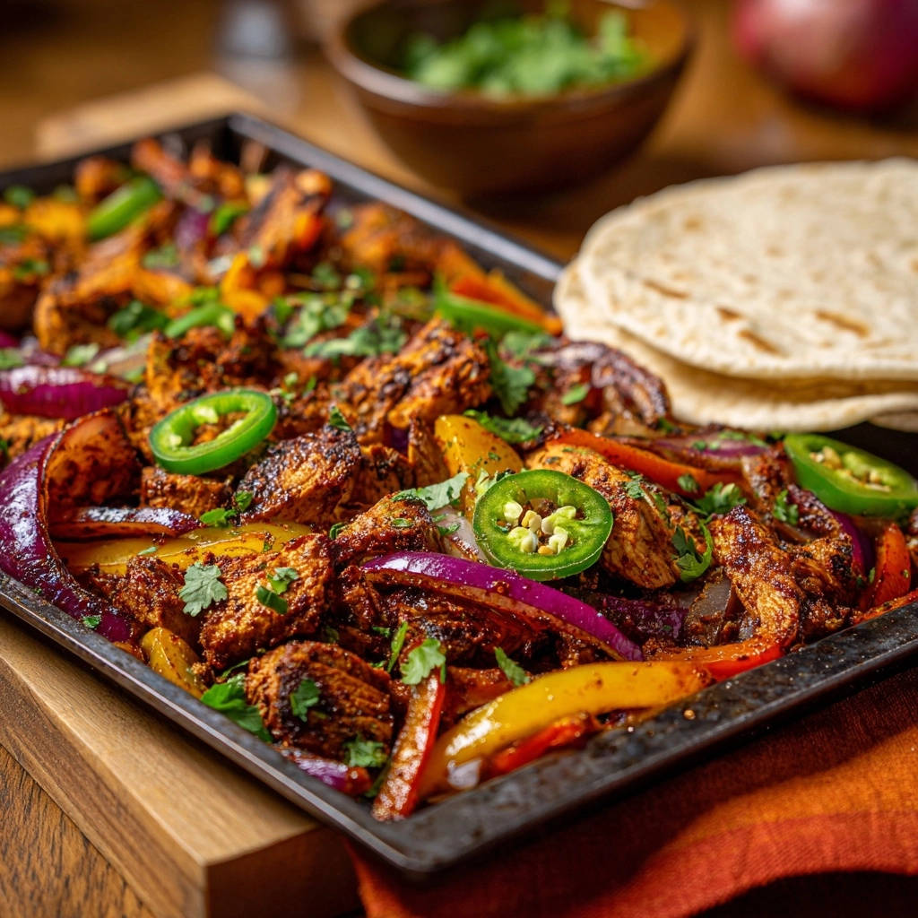 Sheet pan chicken fajitas shown in a close-up view on a black tray with tortillas and garnishes.