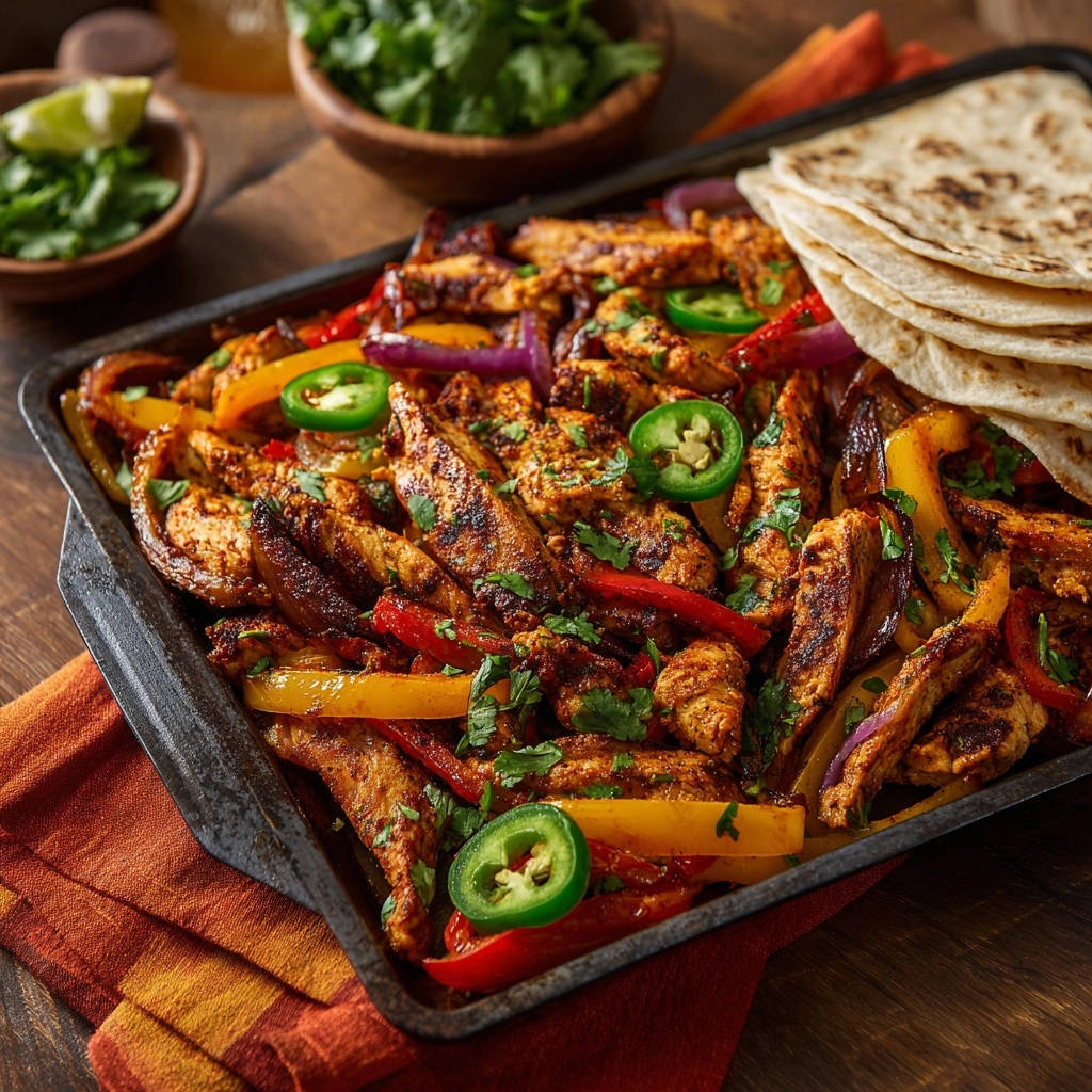 Sheet pan chicken fajitas with colorful roasted peppers, onions, and jalapeños, served with tortillas.