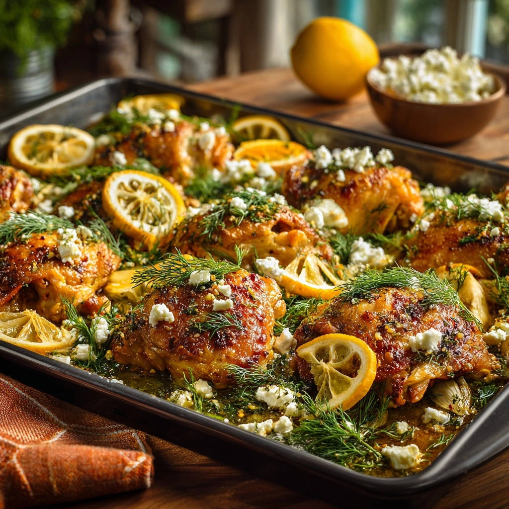 Sheet pan lemon feta chicken with fresh dill and crumbled feta cheese shown in a close-up view.
