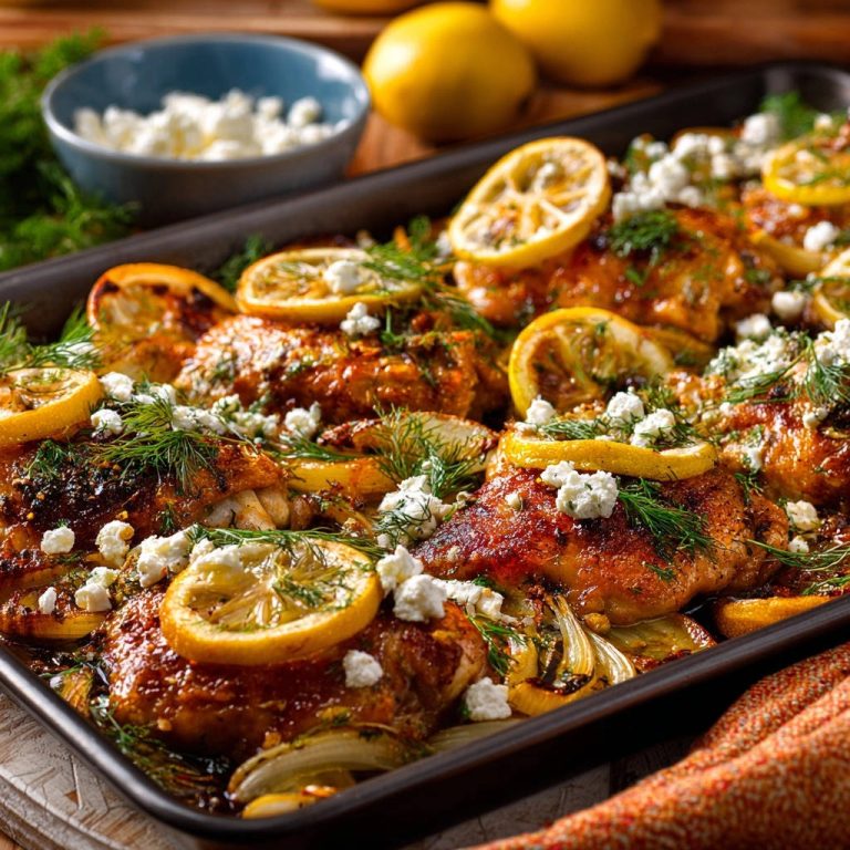 Sheet pan lemon feta chicken with fresh dill and crumbled feta cheese, a close-up view.