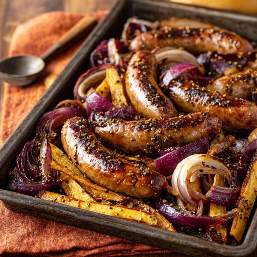 Sheet pan sausage and roasted potatoes are presented in a close-up view within a rustic metal tray, showcasing their golden-brown textures.