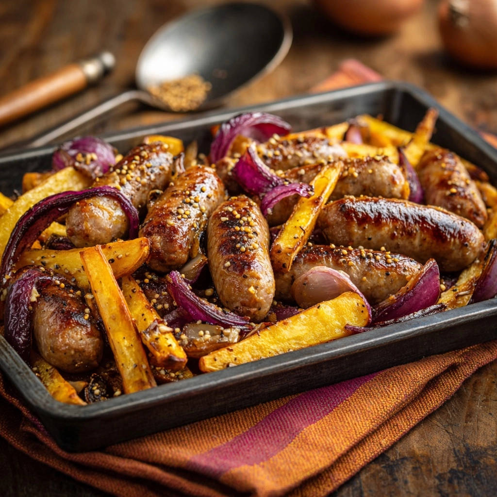 Sheet pan sausage and roasted potatoes close-up in a baking tray with red onions and herbs.