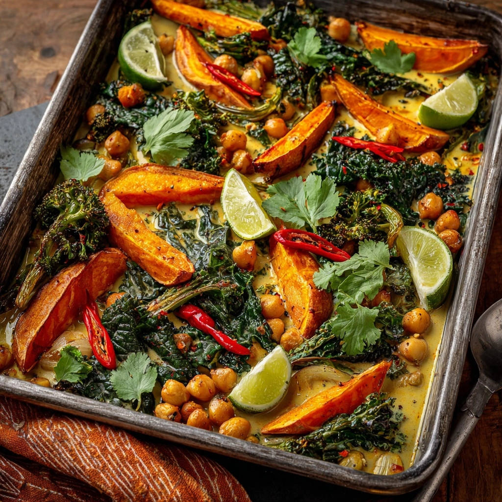 Sheet pan sweet potato & chickpea coconut curry with vibrant greens shown in an overhead view on a baking tray.