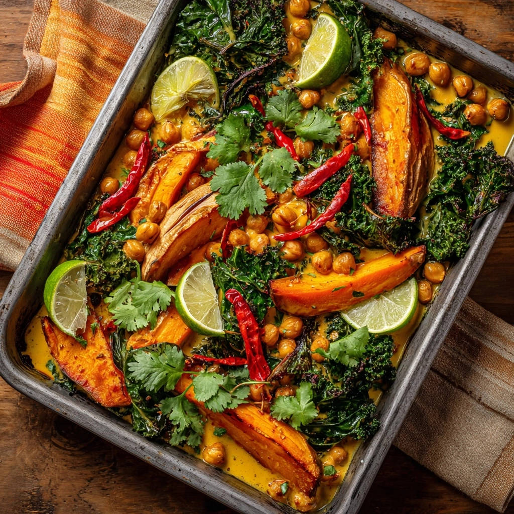 Sheet pan sweet potato & chickpea coconut curry with vibrant kale and lime, viewed from directly overhead.
