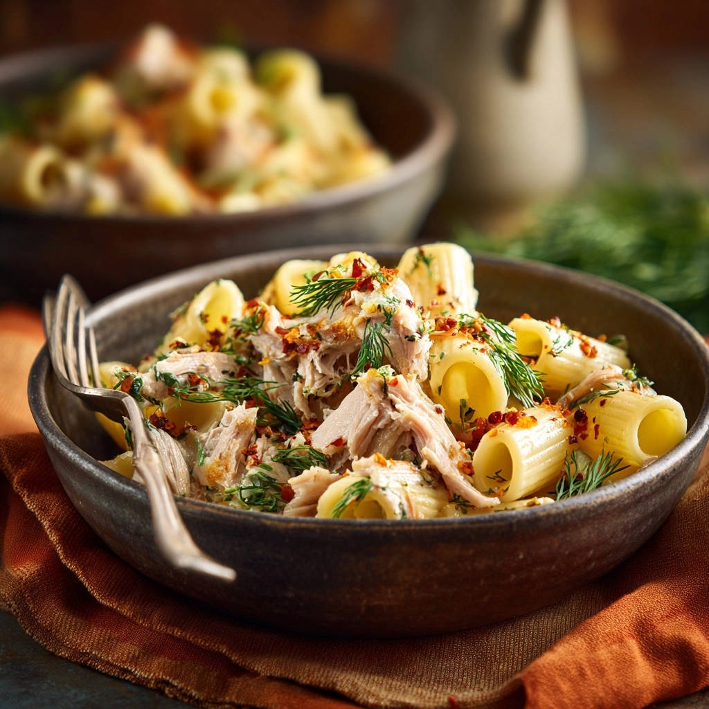 Shredded chicken & dill pasta served in a bowl with a fork, showcasing the creamy sauce and pasta texture.