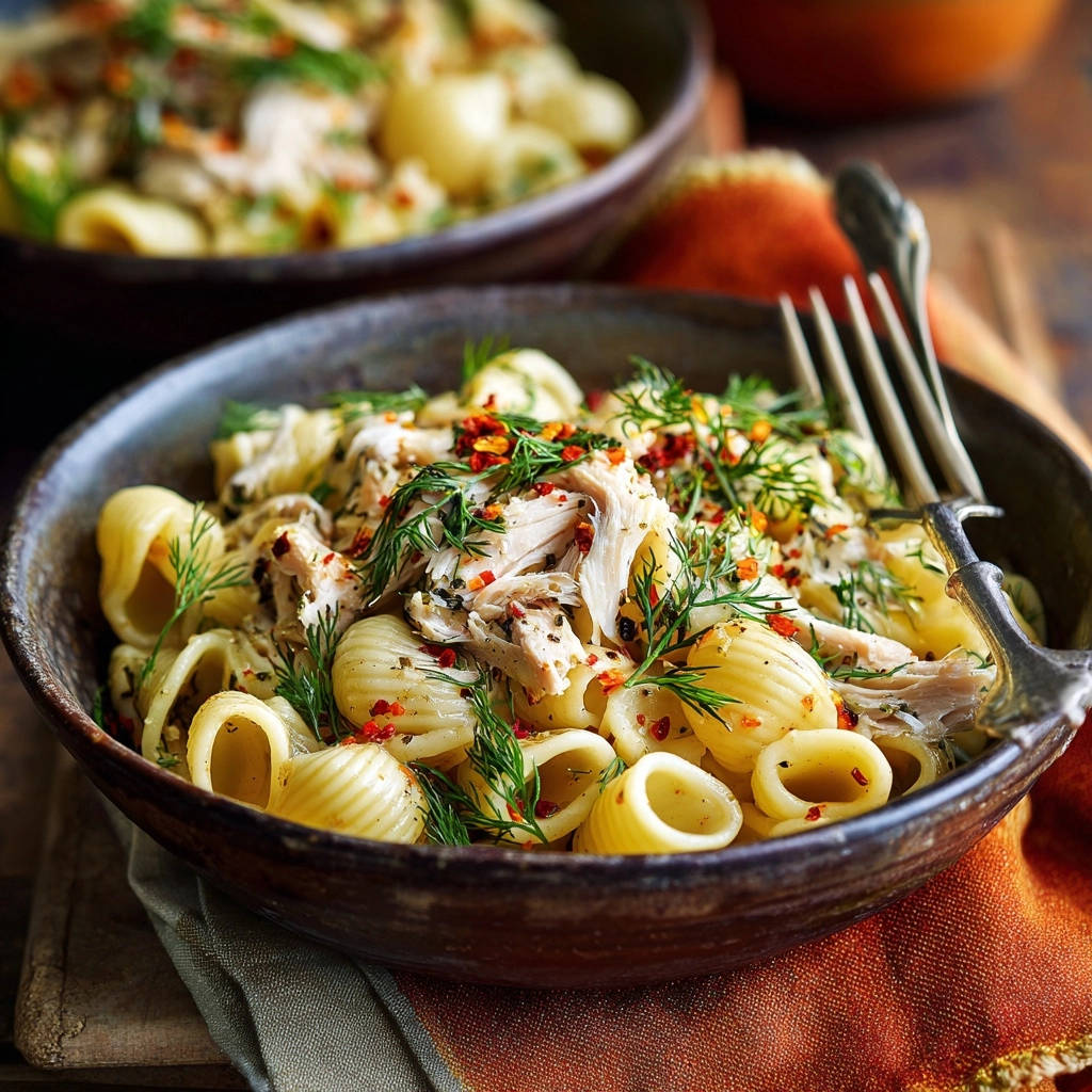 Shredded chicken and dill pasta served in a rustic bowl, with a fork in the foreground.