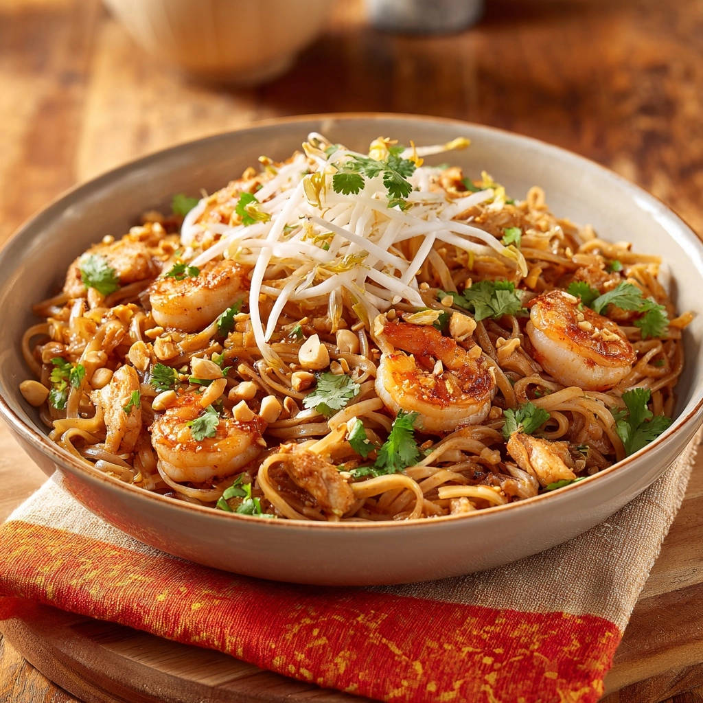 Classic Shrimp and Chicken Pad Thai served in a bowl, featuring plump shrimp, noodles, and bean sprouts.