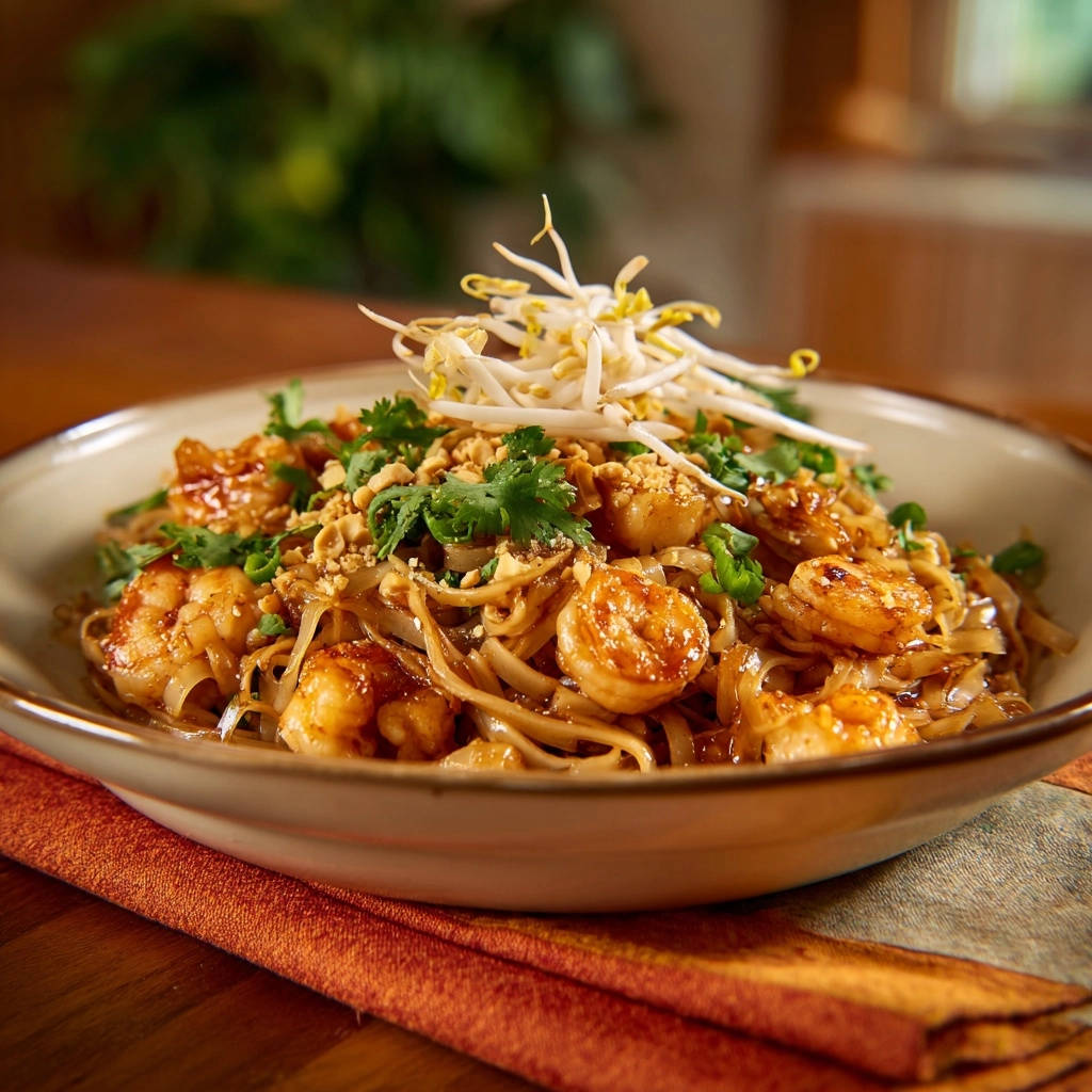 Classic Shrimp and Chicken Pad Thai featuring plump shrimp, rice noodles, and fresh garnishes in a close-up view.