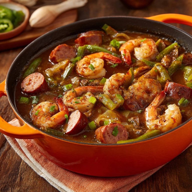 Hearty shrimp & smoked sausage gumbo served in an orange Dutch oven with a close-up view of ingredients.