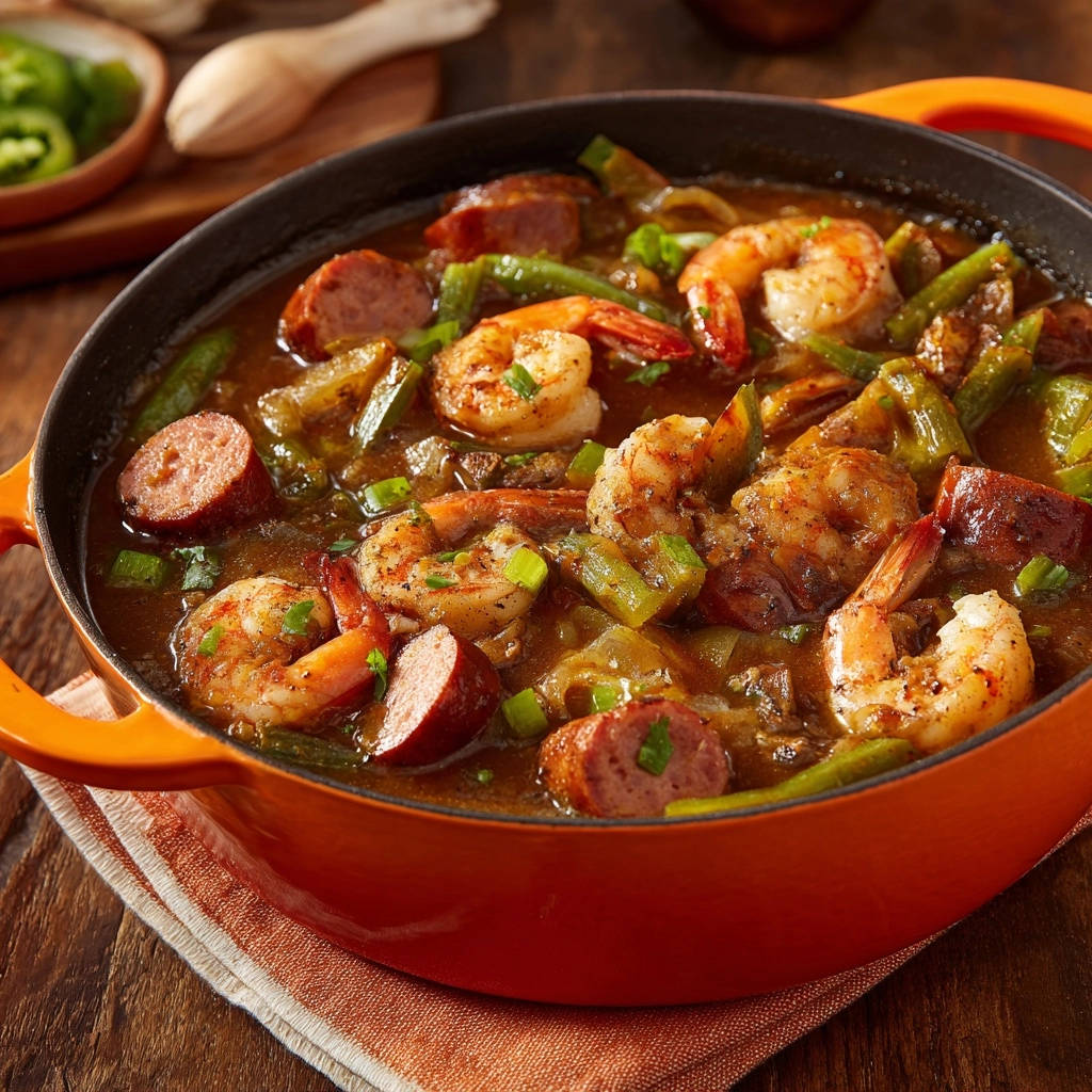 Hearty shrimp & smoked sausage gumbo served in an orange Dutch oven with a close-up view of ingredients.