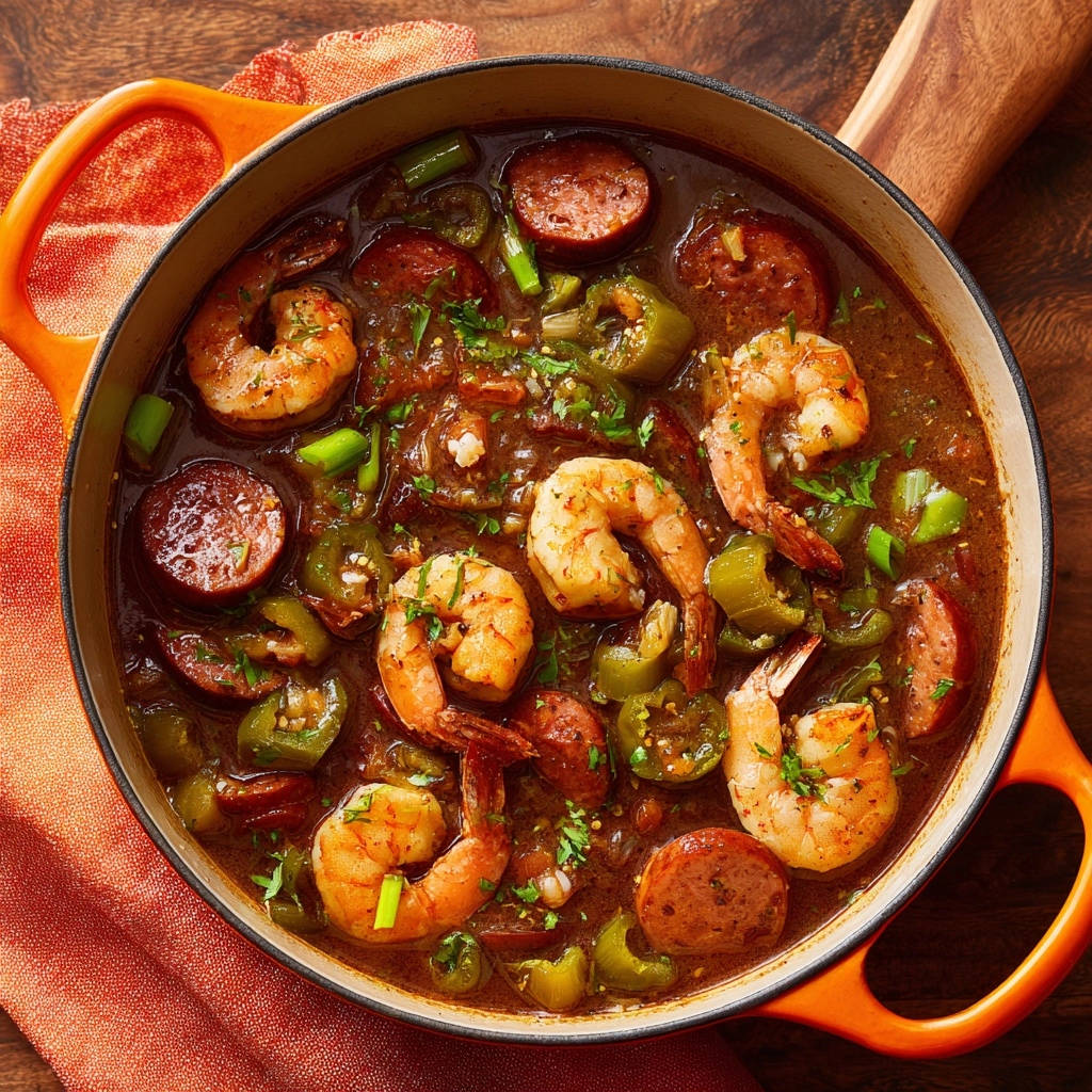 Hearty shrimp & smoked sausage gumbo served in a rustic orange Dutch oven, viewed from directly above.