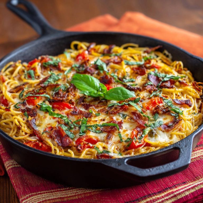 Skillet baked spaghetti with bacon and tomatoes in a cast iron pan, garnished with basil.