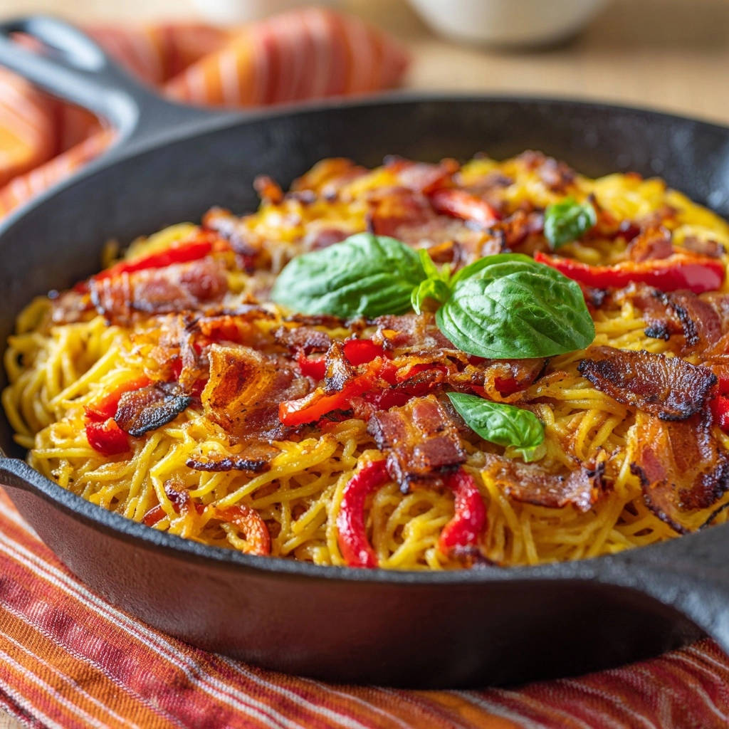 Skillet baked spaghetti with bacon and tomatoes served in a cast iron pan, garnished with fresh basil.