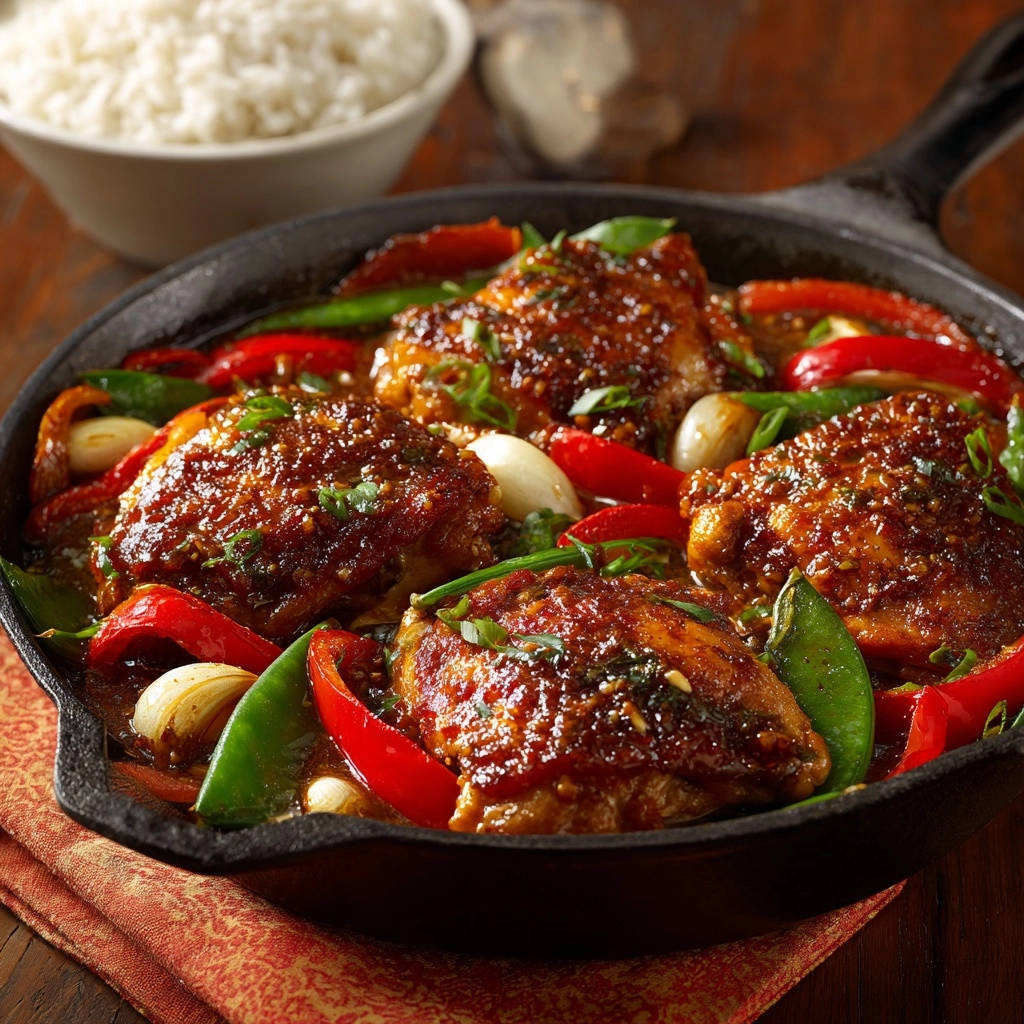 One-pan skillet chicken thighs glazed in a cast-iron pan with red peppers and snap peas.