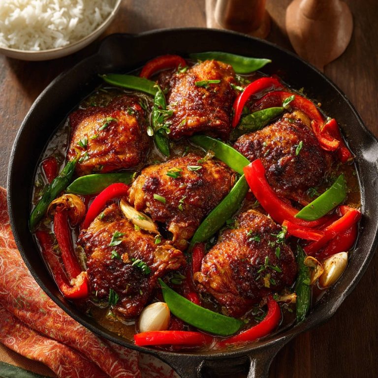 One-pan skillet chicken thighs served in a cast-iron pan with red peppers and snap peas.