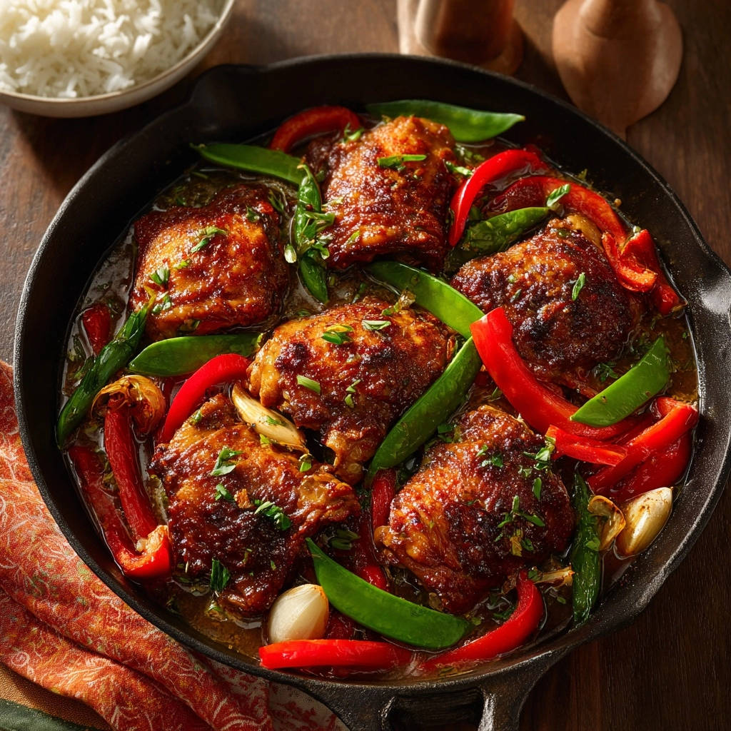 One-pan skillet chicken thighs served in a cast-iron pan with red peppers and snap peas.