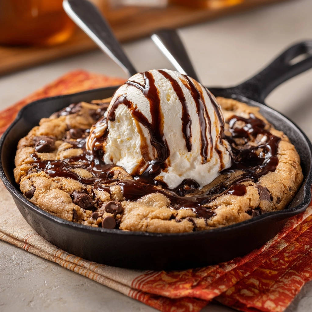 Skillet chocolate chip cookie sundae with a scoop of melting ice cream and rich chocolate drizzle.