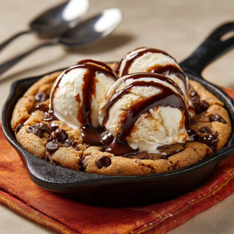 Skillet chocolate chip cookie sundae with gooey melted ice cream and chocolate sauce in a cast iron pan.