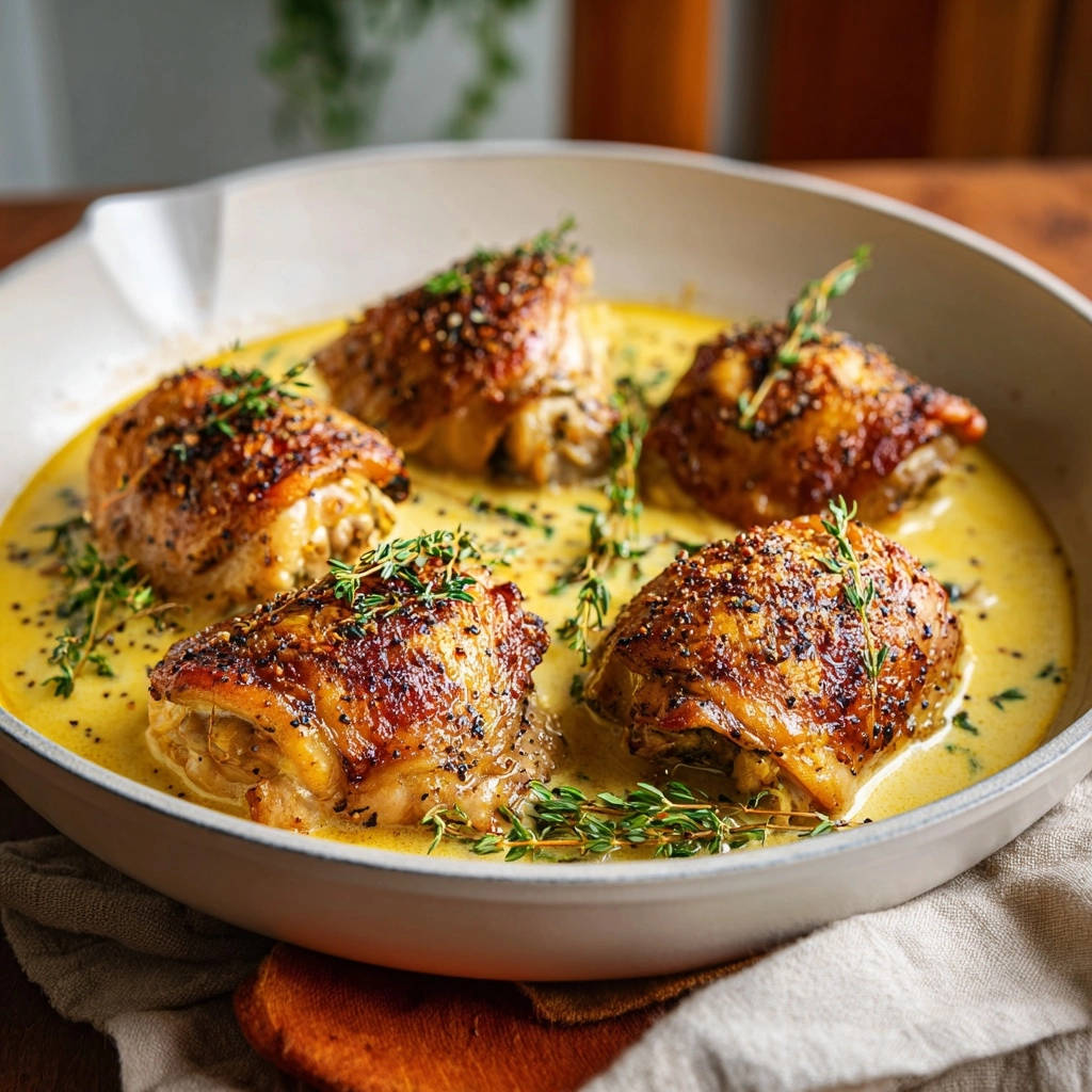 Skillet creamy herb chicken thighs with crispy skin, presented close-up in a rich yellow sauce with fresh thyme garnish.
