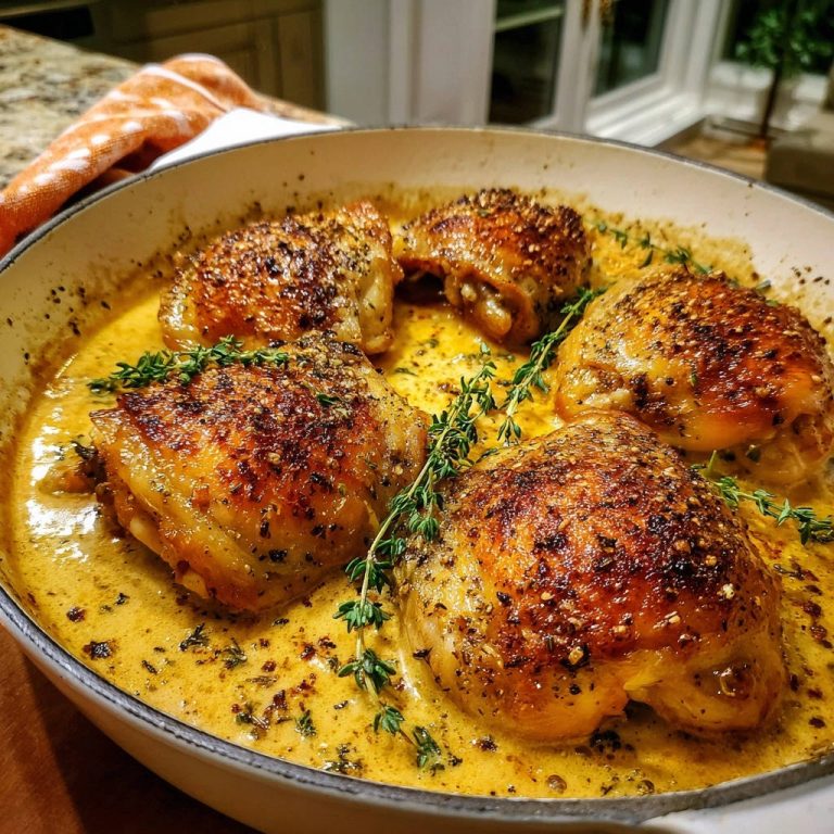 Skillet creamy herb chicken thighs with crispy skin nestled in a rich, golden sauce, garnished with fresh thyme.