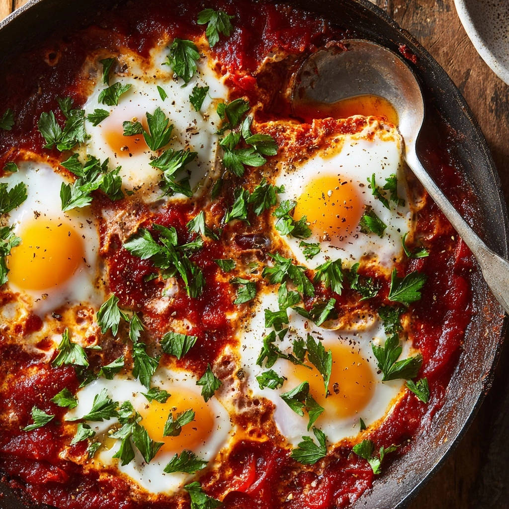 Skillet shakshuka with runny yolks and set whites, garnished with fresh parsley in a cast iron pan.