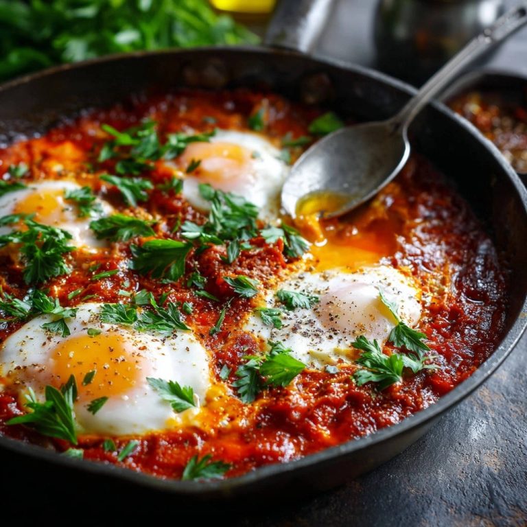 Skillet shakshuka with runny yolks and set whites, garnished with fresh parsley in a cast iron pan.