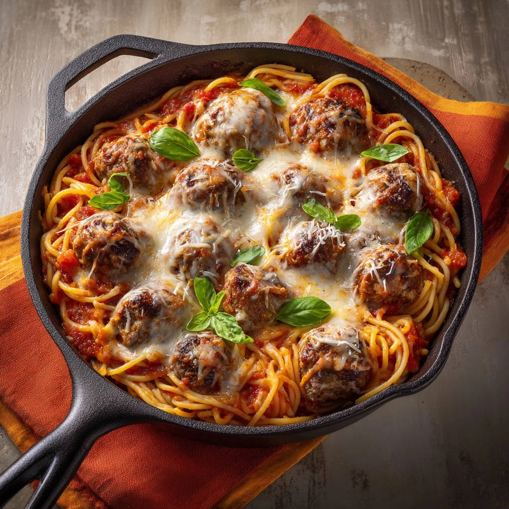 Skillet spaghetti & meatballs served bubbling hot in a cast iron skillet, topped with melted mozzarella and fresh basil.