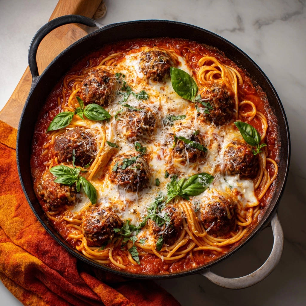 Skillet spaghetti & meatballs with melted cheese and fresh basil in a cast iron pan, viewed from above.