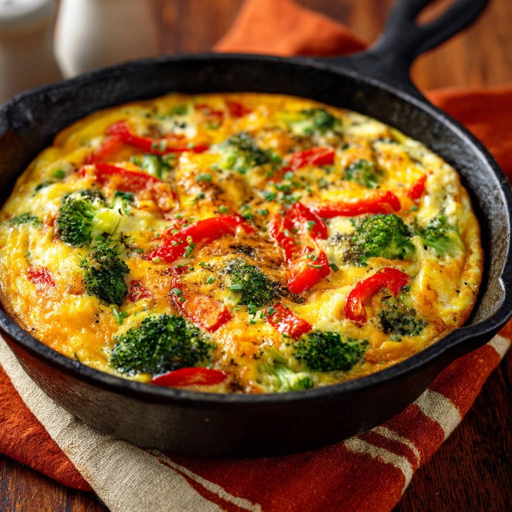 Skillet veggie frittata with broccoli and red peppers in a cast iron pan, seen from an overhead perspective.