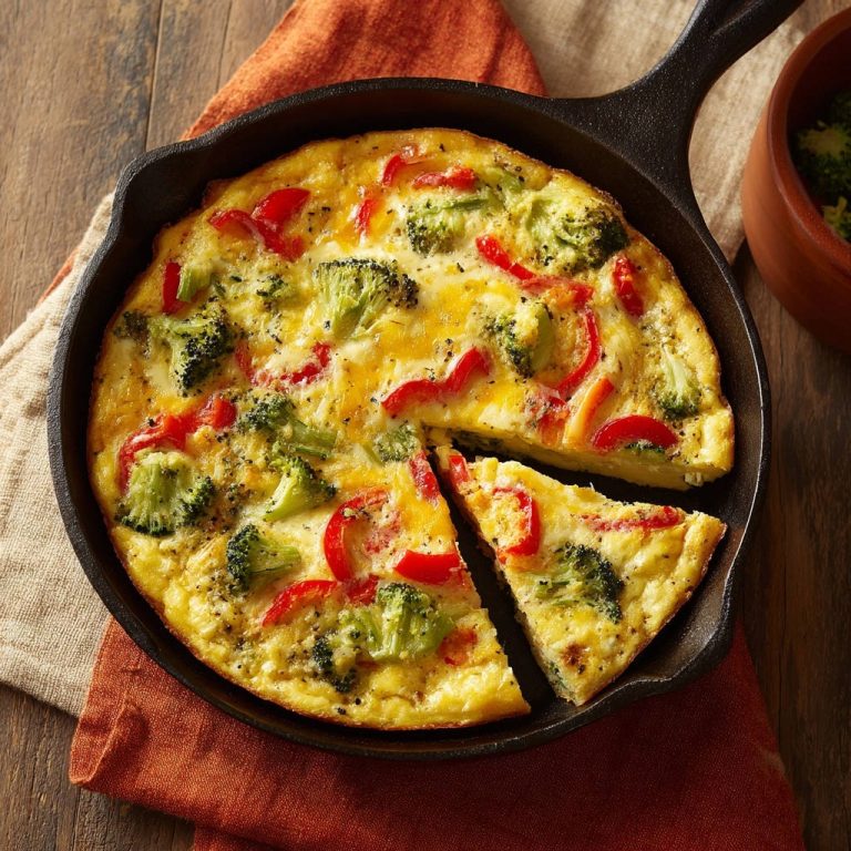 Skillet veggie frittata, tender and flavorful, sliced and served in a cast iron pan with broccoli and red peppers.