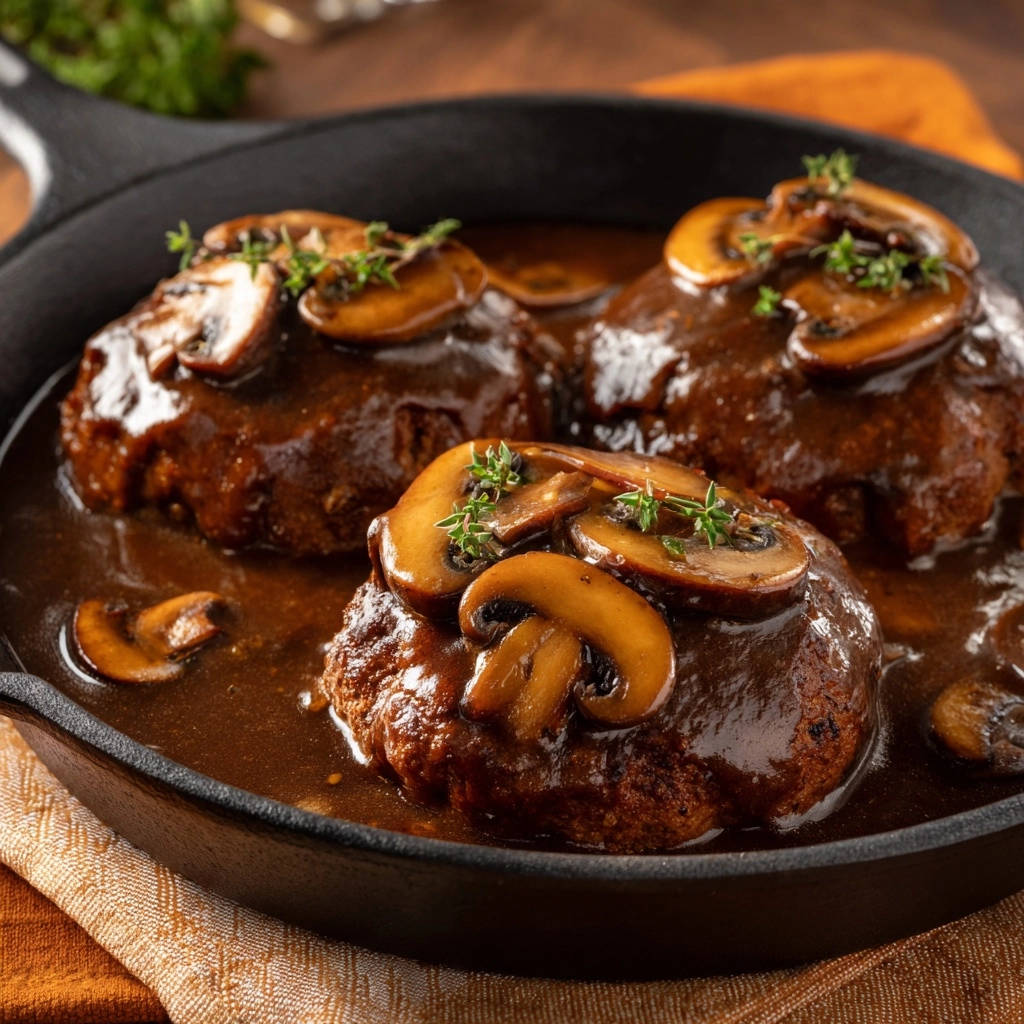 Smothered mushroom beef patties are shown in a cast-iron skillet, garnished with fresh thyme and sliced mushrooms.