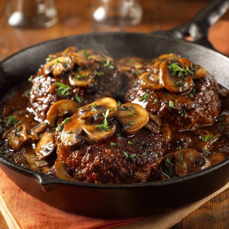 Smothered mushroom beef patties in a cast iron skillet, showcasing a close-up view of the rich gravy and toppings.