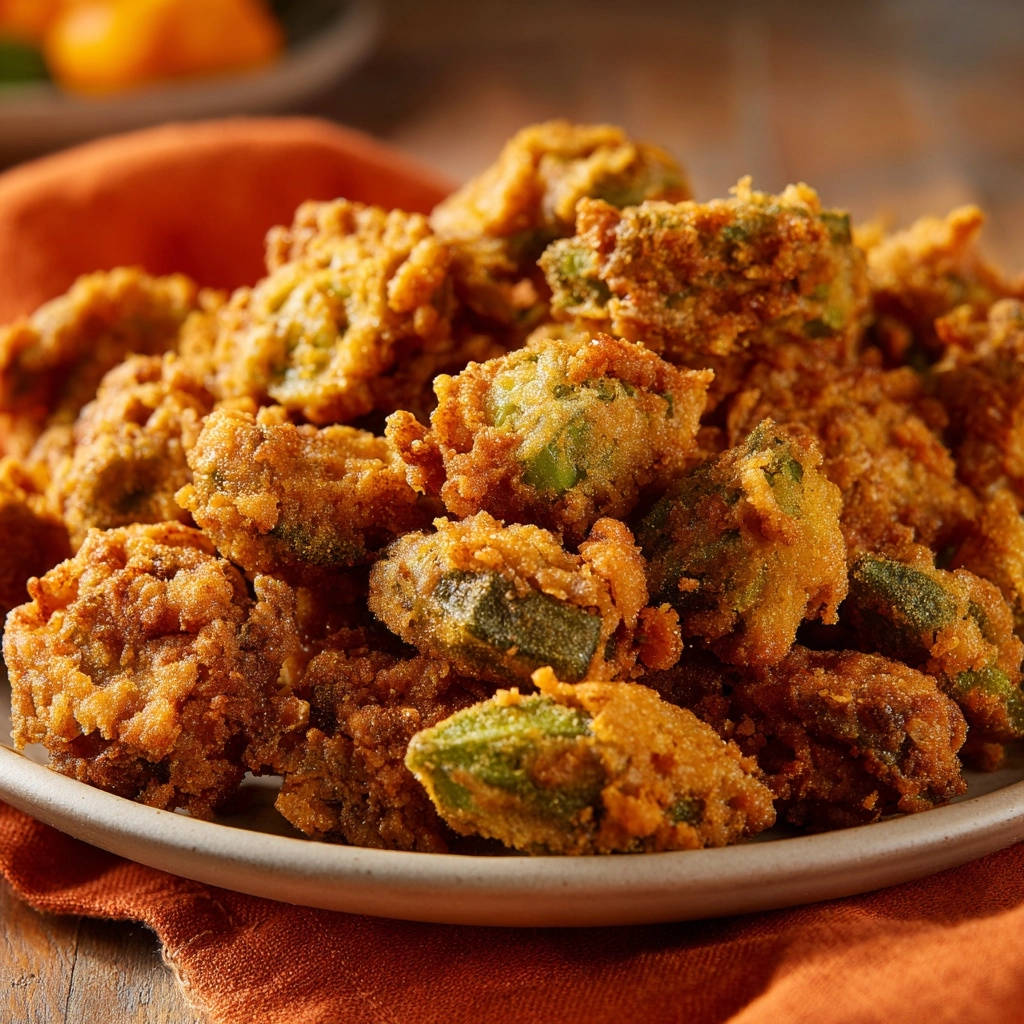 Crispy Southern fried okra piled high on a plate, showcasing a close-up view of the golden-brown battered pieces.